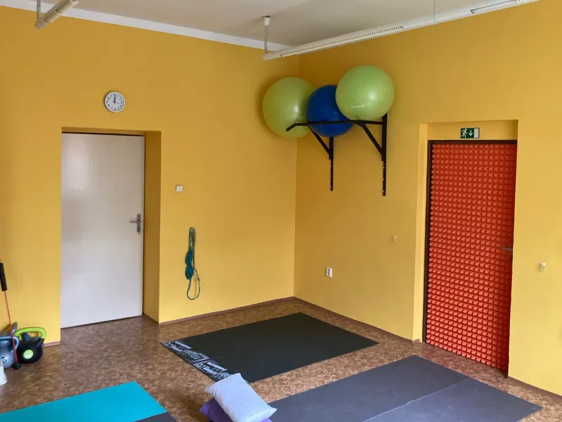 Cvičebna se žlutými stěnami: gymnastické míče v držáku na stěně, podložky na podlaze, závěsný posilovací systém u dveří.