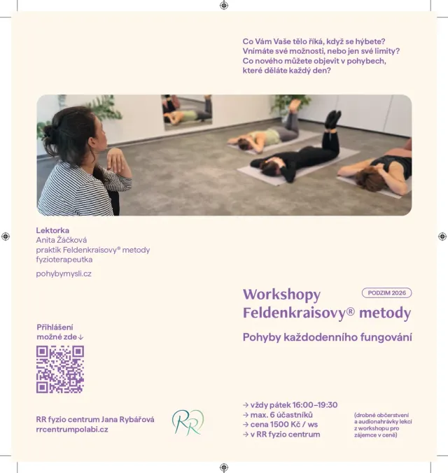 Leták workshopů, první strana: pozvání, fotografie z lekce, jméno lektorky, termíny a cena.