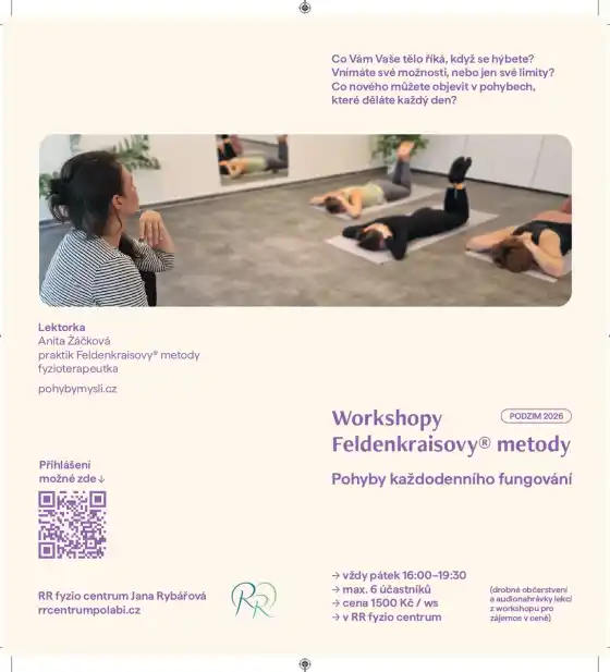 Leták workshopů, první strana: pozvání, fotografie z lekce, jméno lektorky, termíny a cena.
