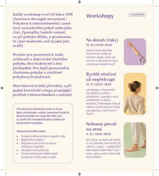 Leták workshopů, druhá strana: popis lekcí ATM, pro koho jsou vhodné, jejich přínosy a tři témata workshopů.
